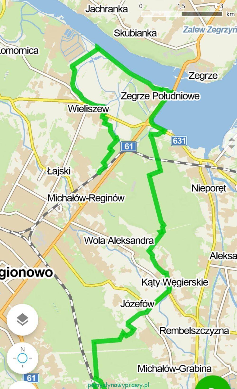 trasa wycieczki nad Wieliszewskie Łęgi